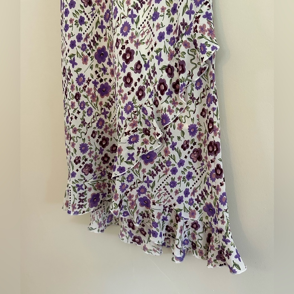 Y2K Vintage Purple Floral Ruffle Dress Ruched Cottagecore Coquette Sundress XS–S - Picture 5 of 9